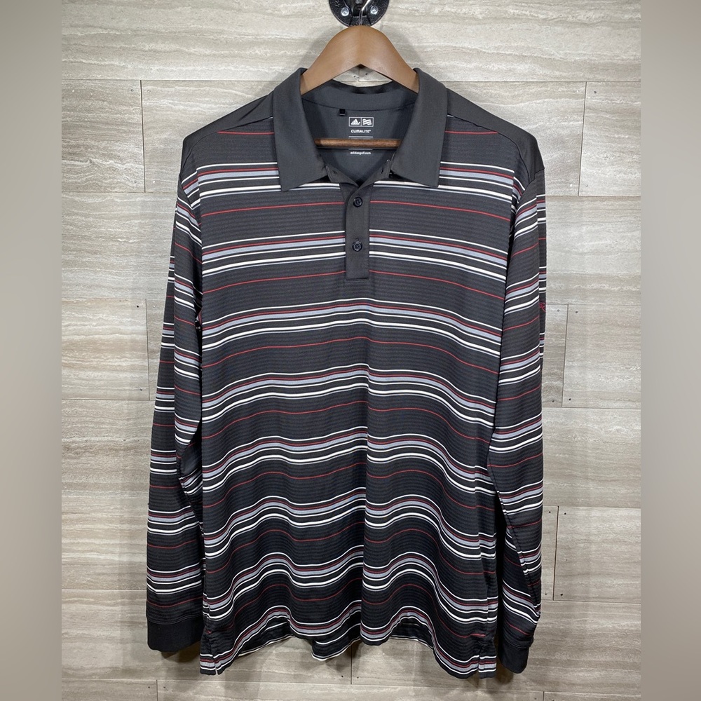 Adidas Golf Polo Mens XL Stripe Black Red White Long Sleeve Climalite Pole Creek
